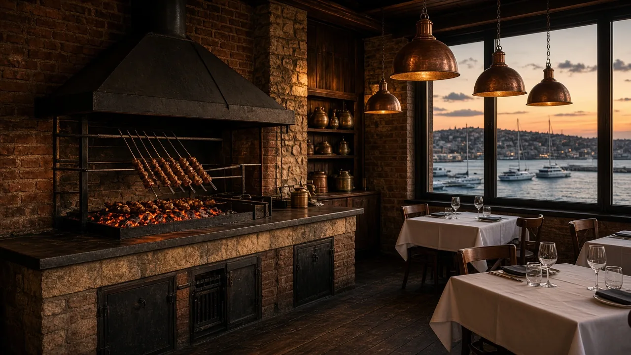 Kömür ocağı ve deniz manzarasıyla bir ocakbaşı salonu