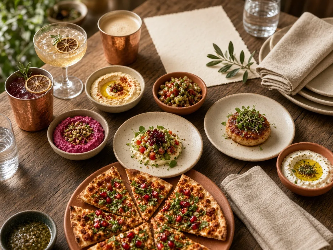 Mezeler, lahmacun ve kokteylerle kurulmuş bir tadım sofrası